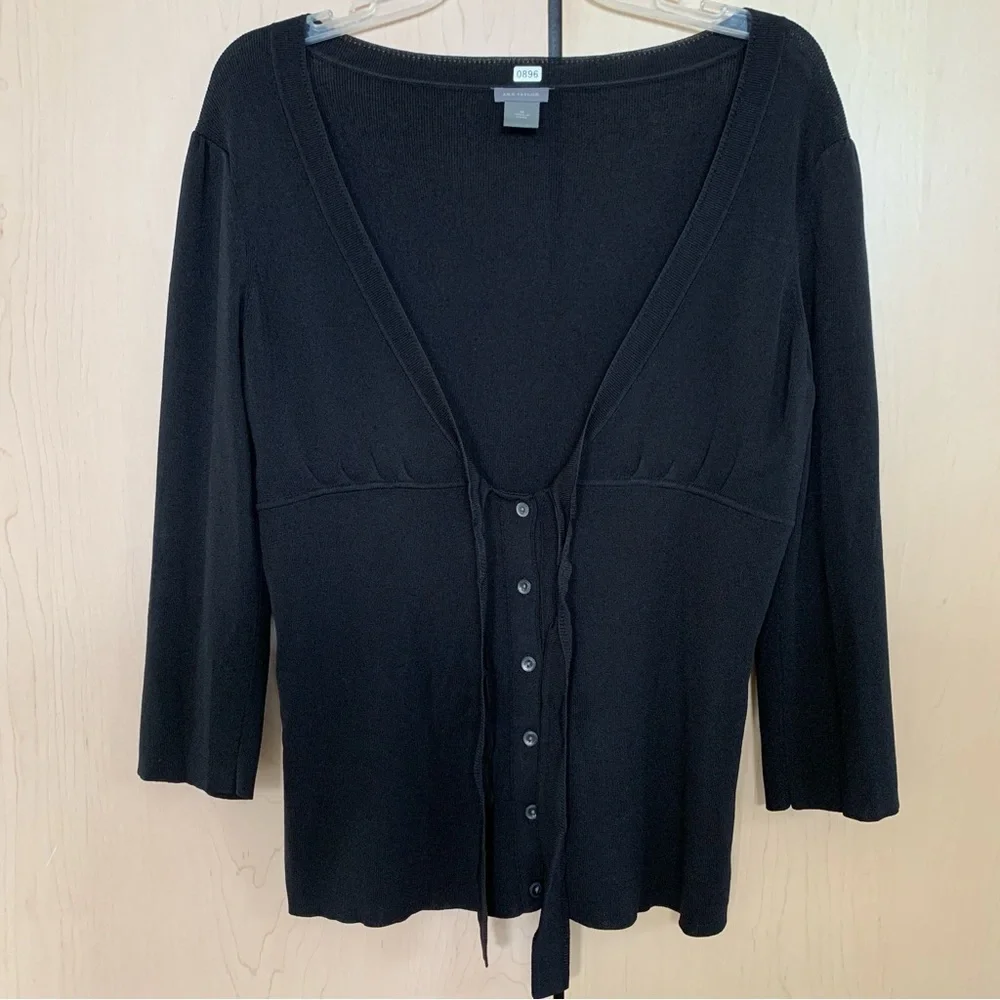 Ann Taylor Womens 3/4 Sleeve V Neck Button Bow Tie Sweater Cardigan Black Size M